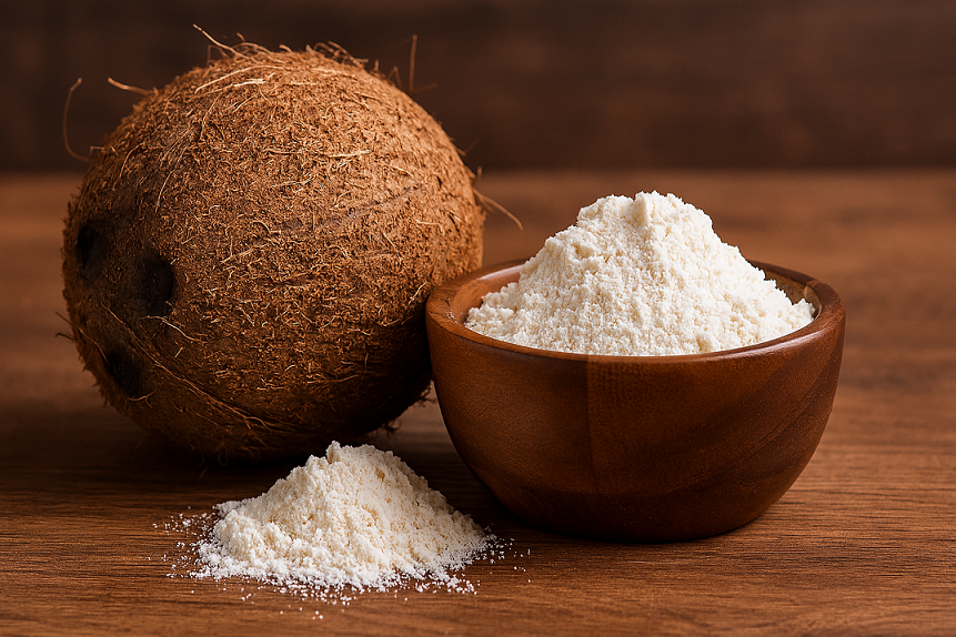 میوه نارگیل کامل کنار کاسه‌ای حاوی آرد نارگیل سفید برای پخت سالم